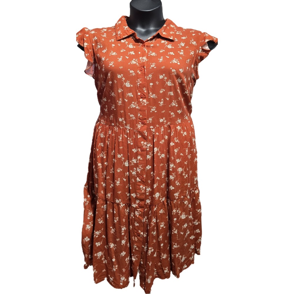 PLUS 3XL XXL Floral Button Front Dress Rust Cottagecore Midi Dress